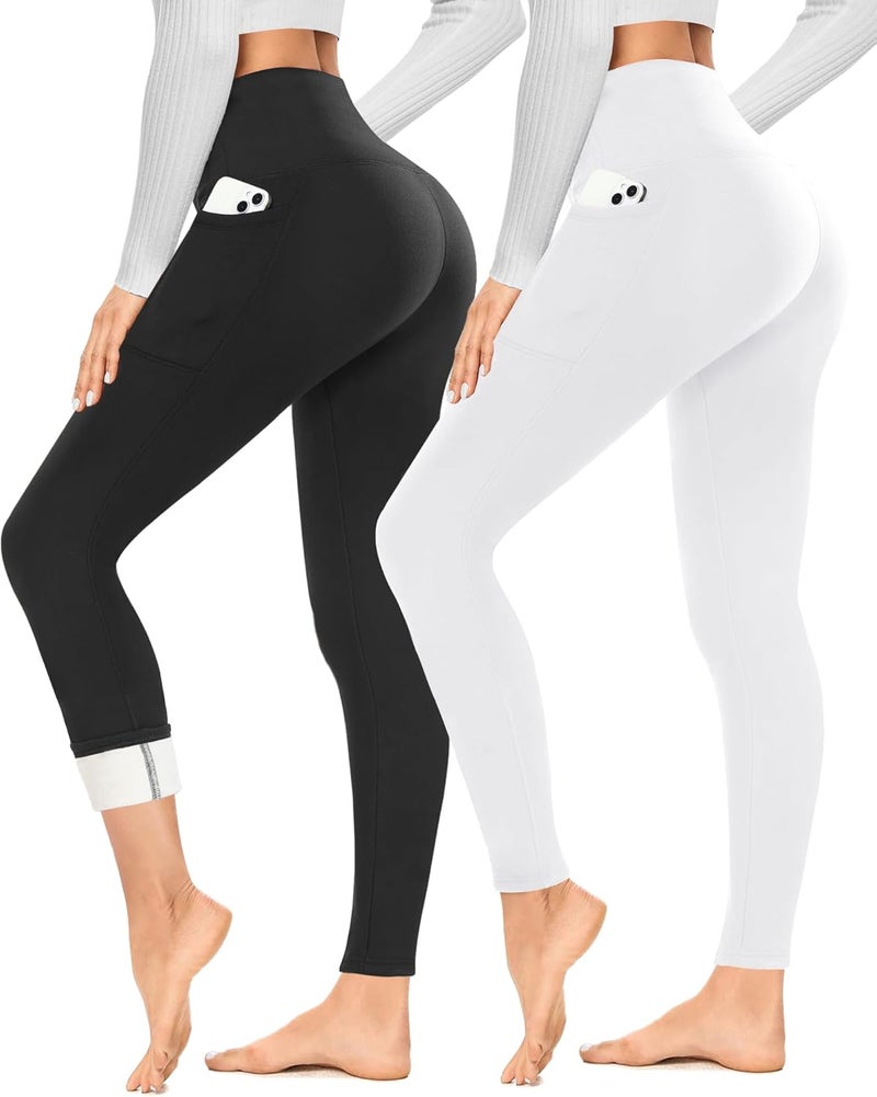 YOLIX 2 Pack Thick Fleece Lined Leggings Women with Pockets, Winter Black High Waisted Thermal Warm Yoga Pants - Image 1